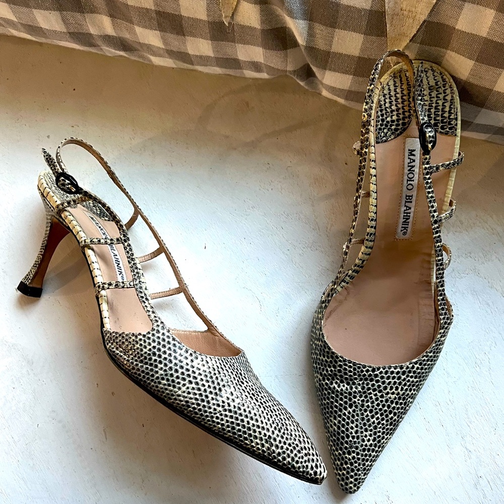 Manolo Blahnik reptile leather pointy toe heels